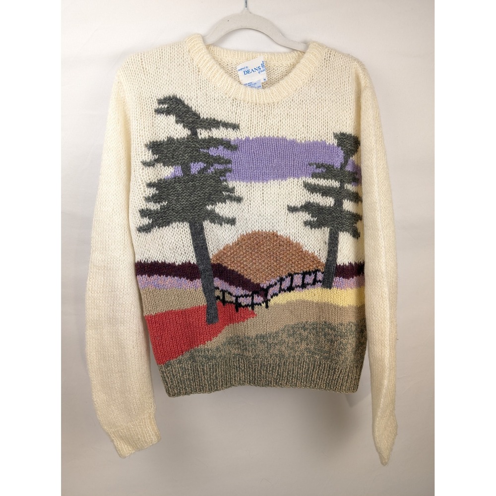 Vintage 90s Deans of Scotland Shetland Wool Sunset Sweater M Landscape Cottage